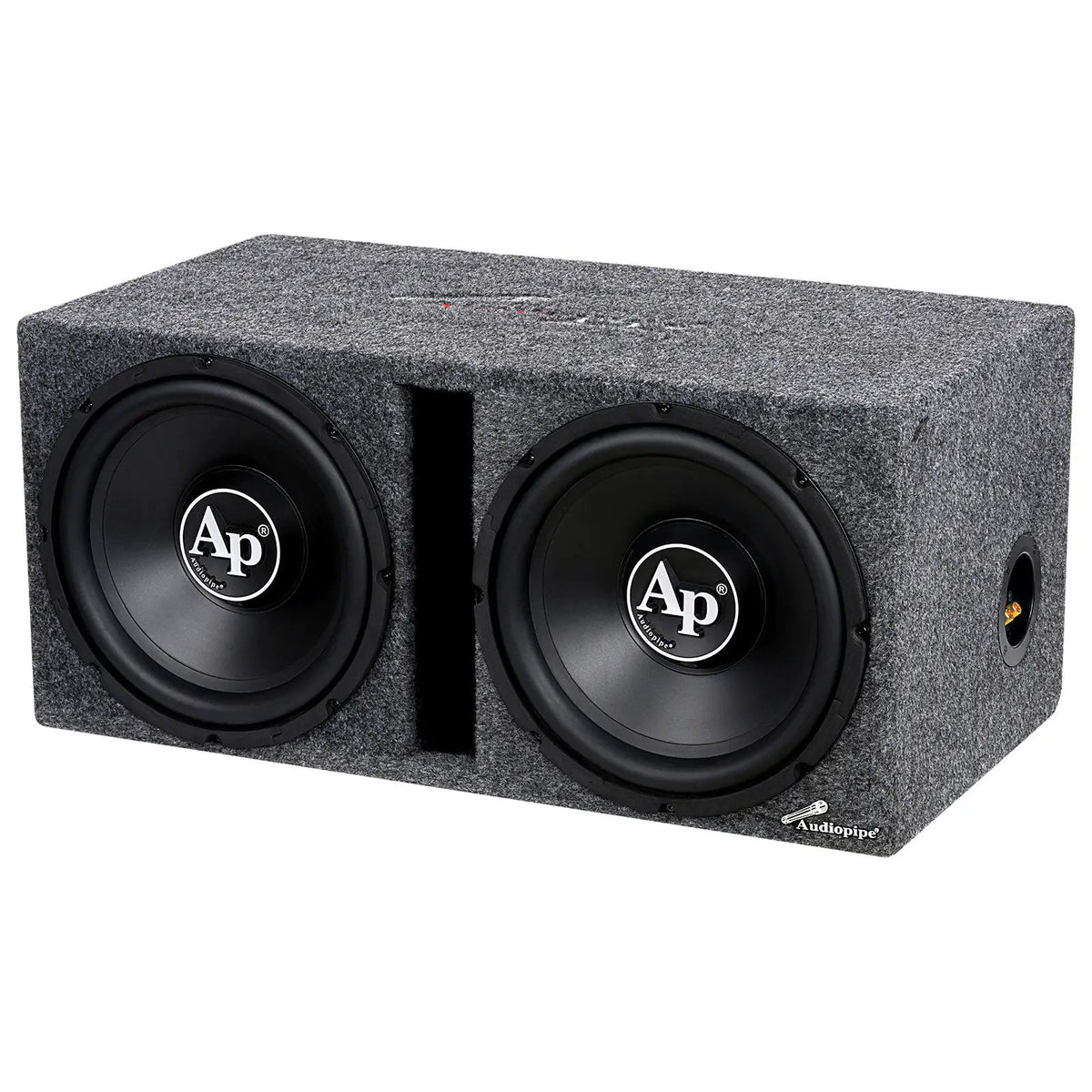 Angled view of a dual-subwoofer Audiopipe enclosure with gray carpeting, central slot port and side terminal cup