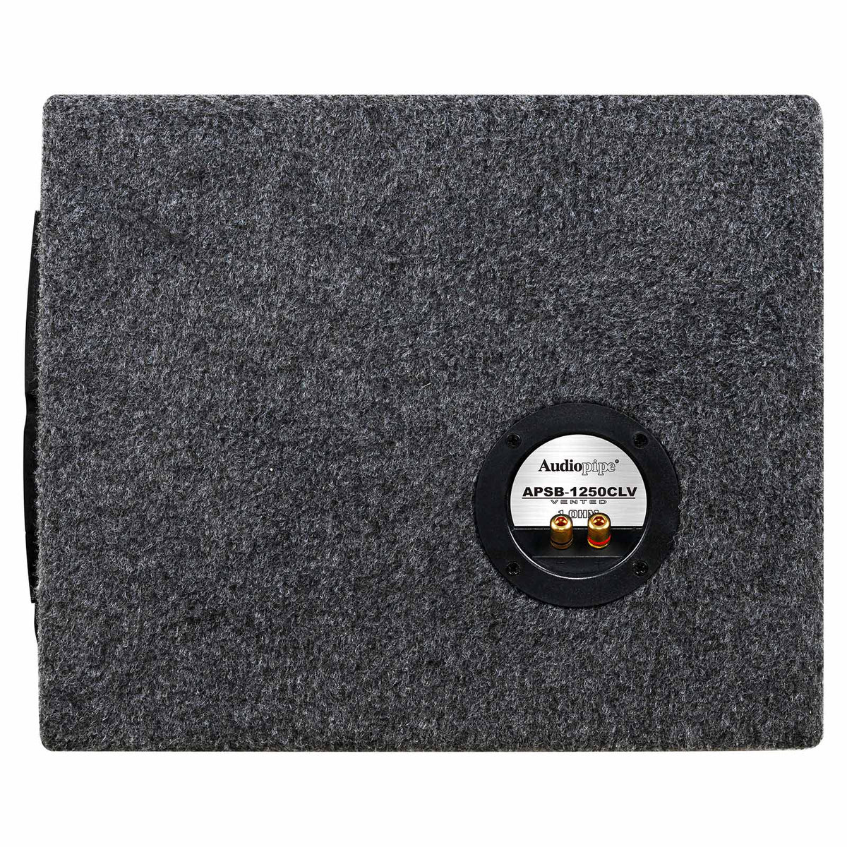 Side of a gray-carpeted enclosure with an Audiopipe APSB-1250CLV terminal cup marked 1 ohm
