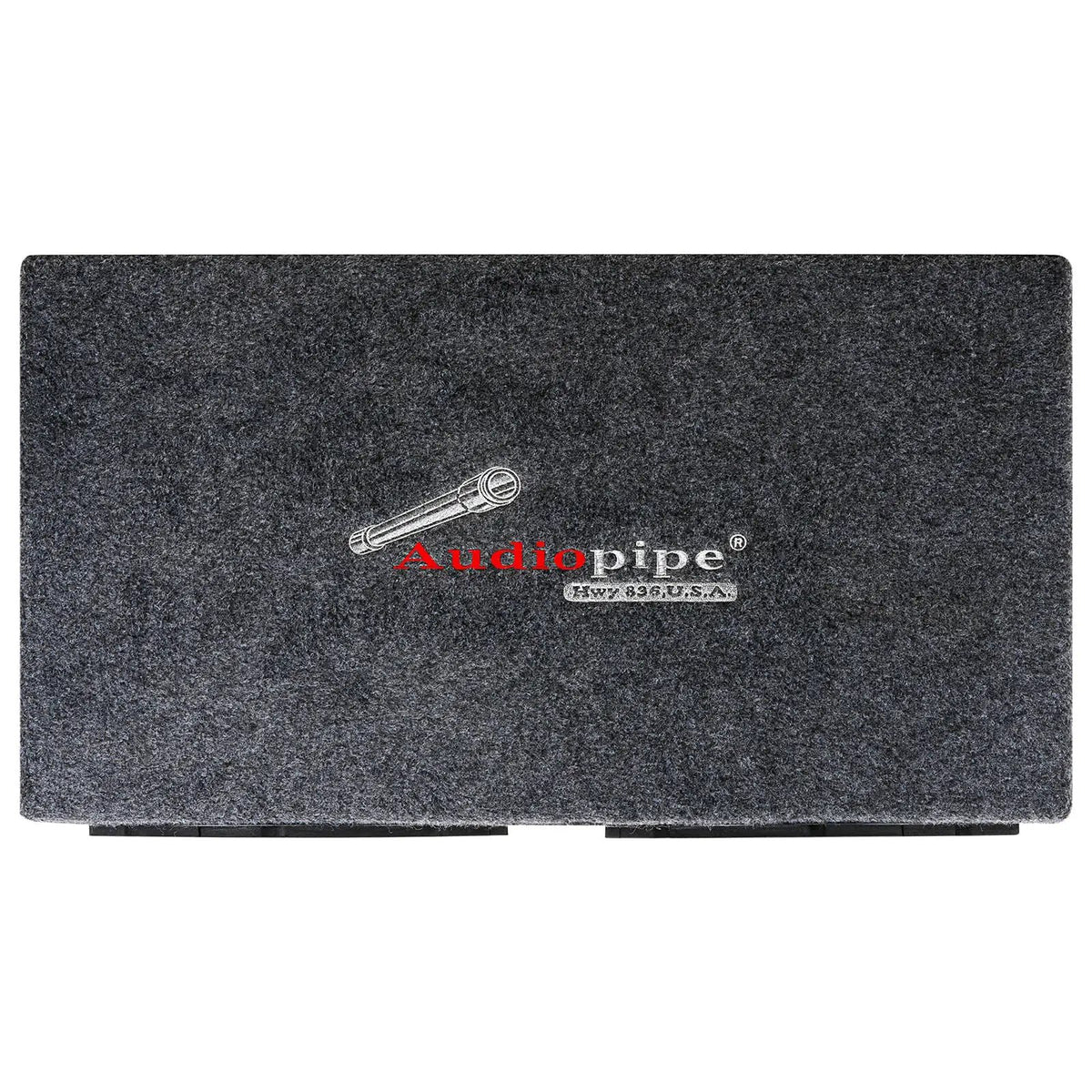 Rear of an Audiopipe subwoofer enclosure covered in gray carpet with an embroidered Audiopipe logo