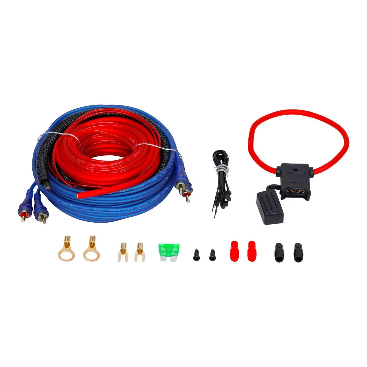 Amplifier wiring kit with red and blue cables, an inline fuse holder, terminals and connectors