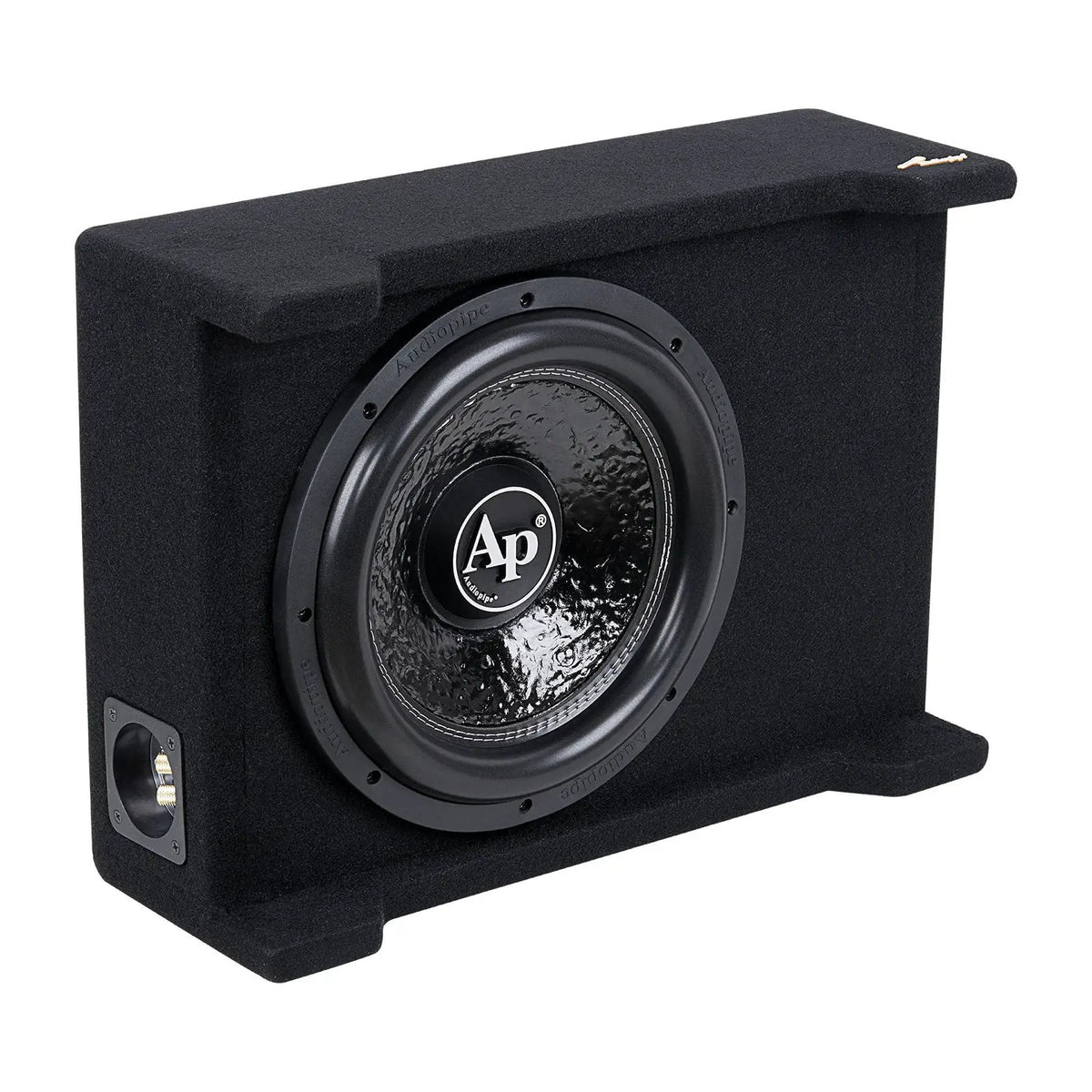 Angled view of a slim black-carpeted subwoofer enclosure with its side terminal cup visible