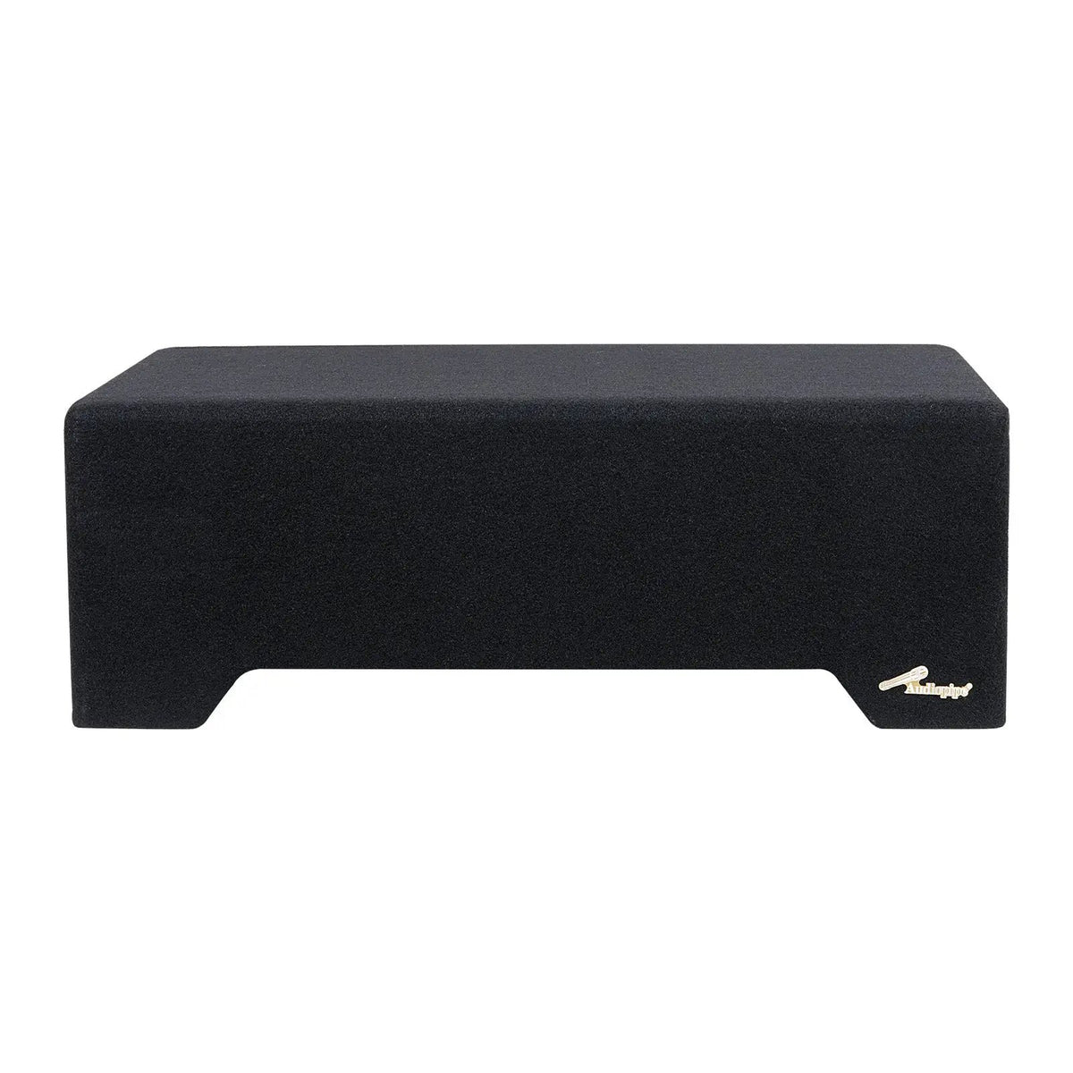 Black carpeted Audiopipe enclosure with a long rectangular body and recessed lower edge