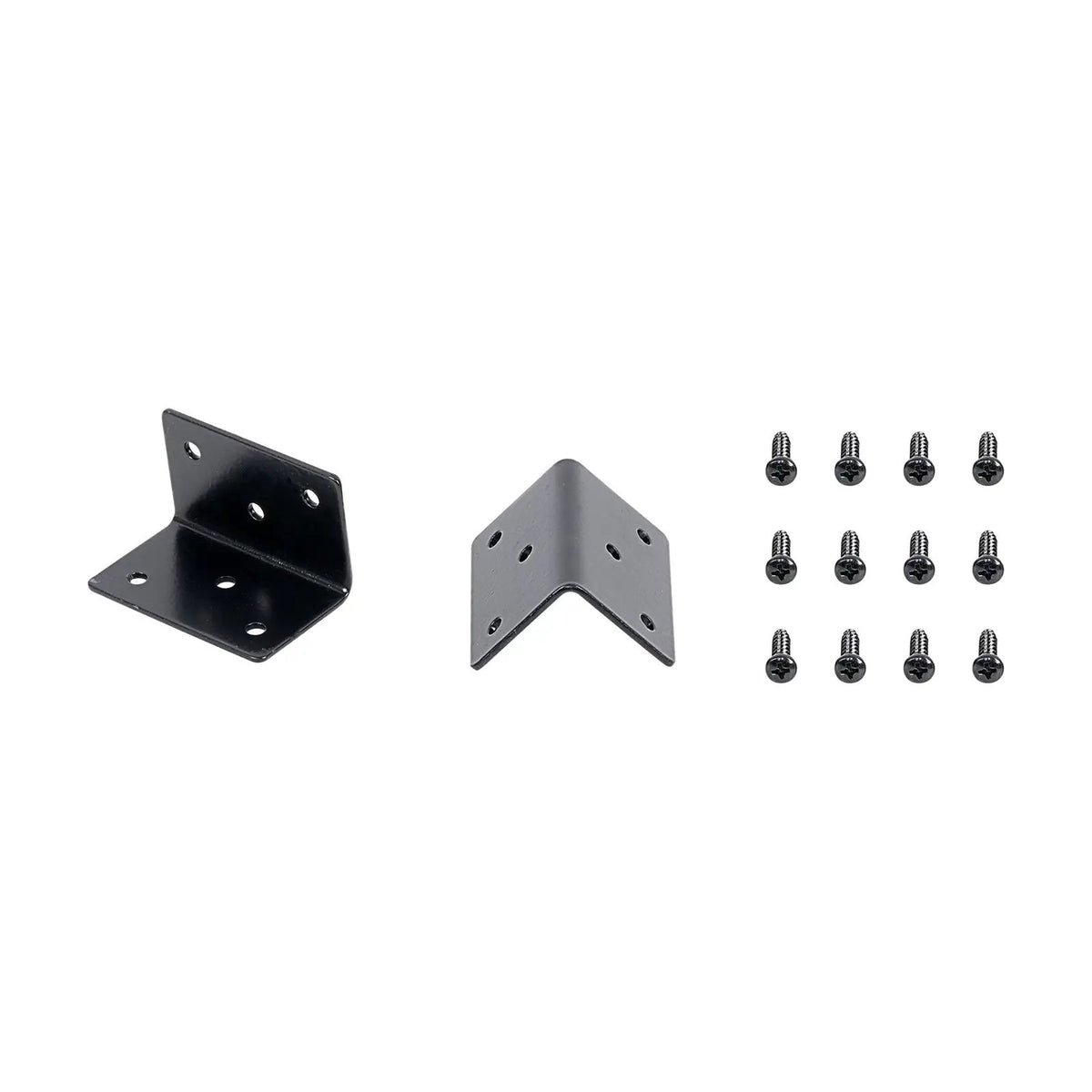 Two black enclosure mounting brackets and a set of screws