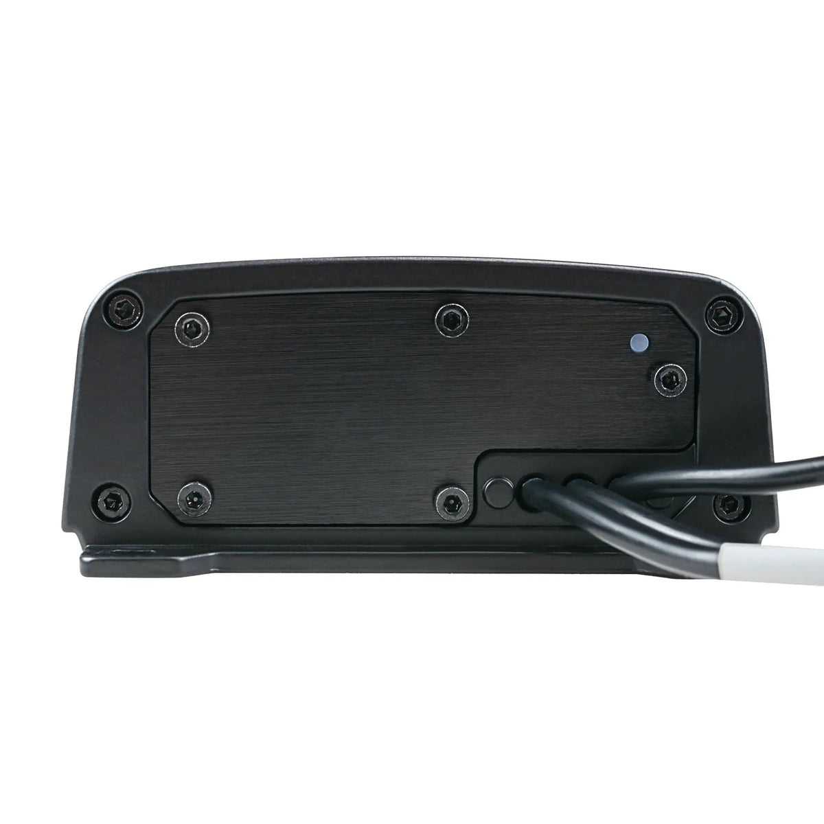 Compact amplifier end panel with black cables emerging through a rectangular grommet