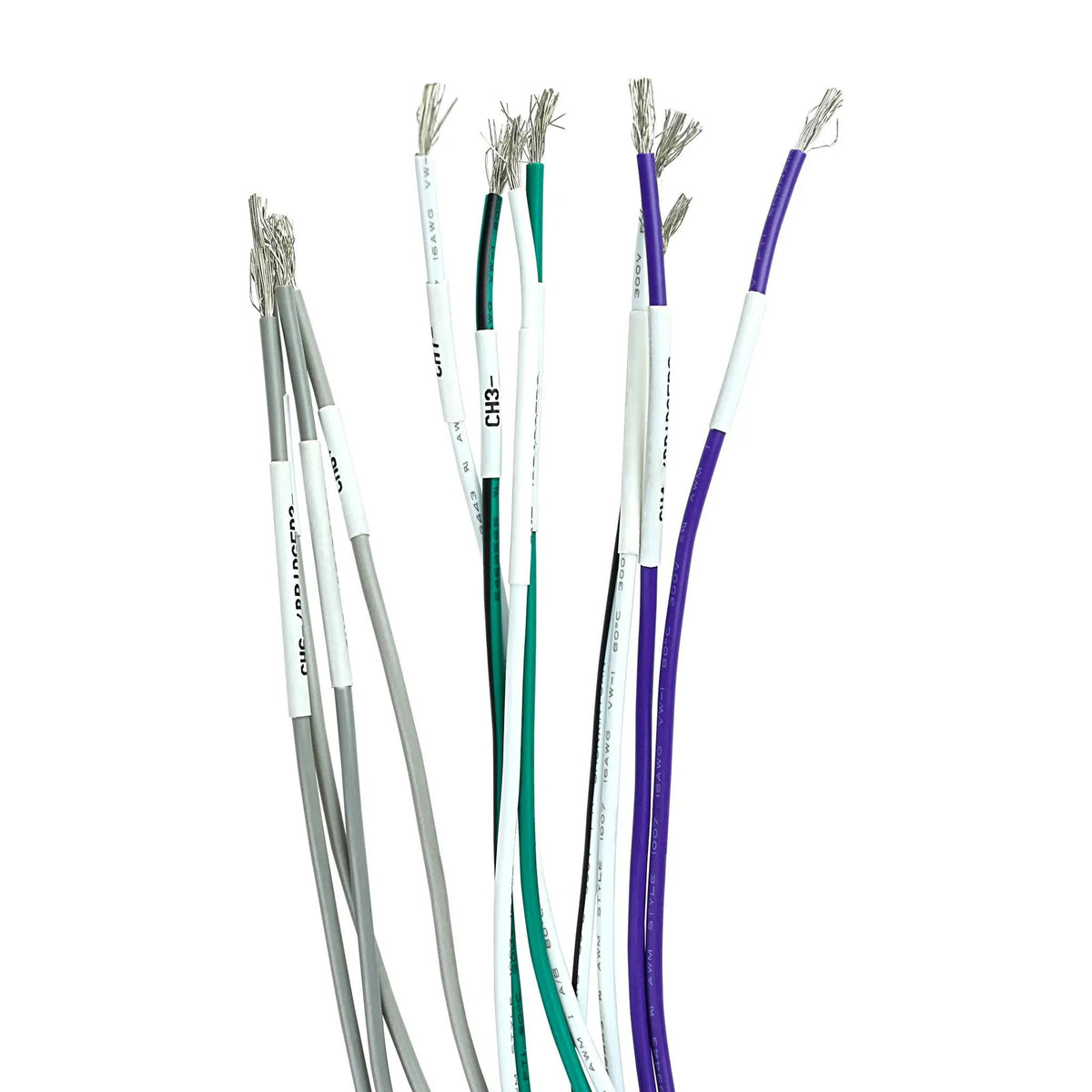 Close-up of stripped, color-coded speaker wires with printed channel labels