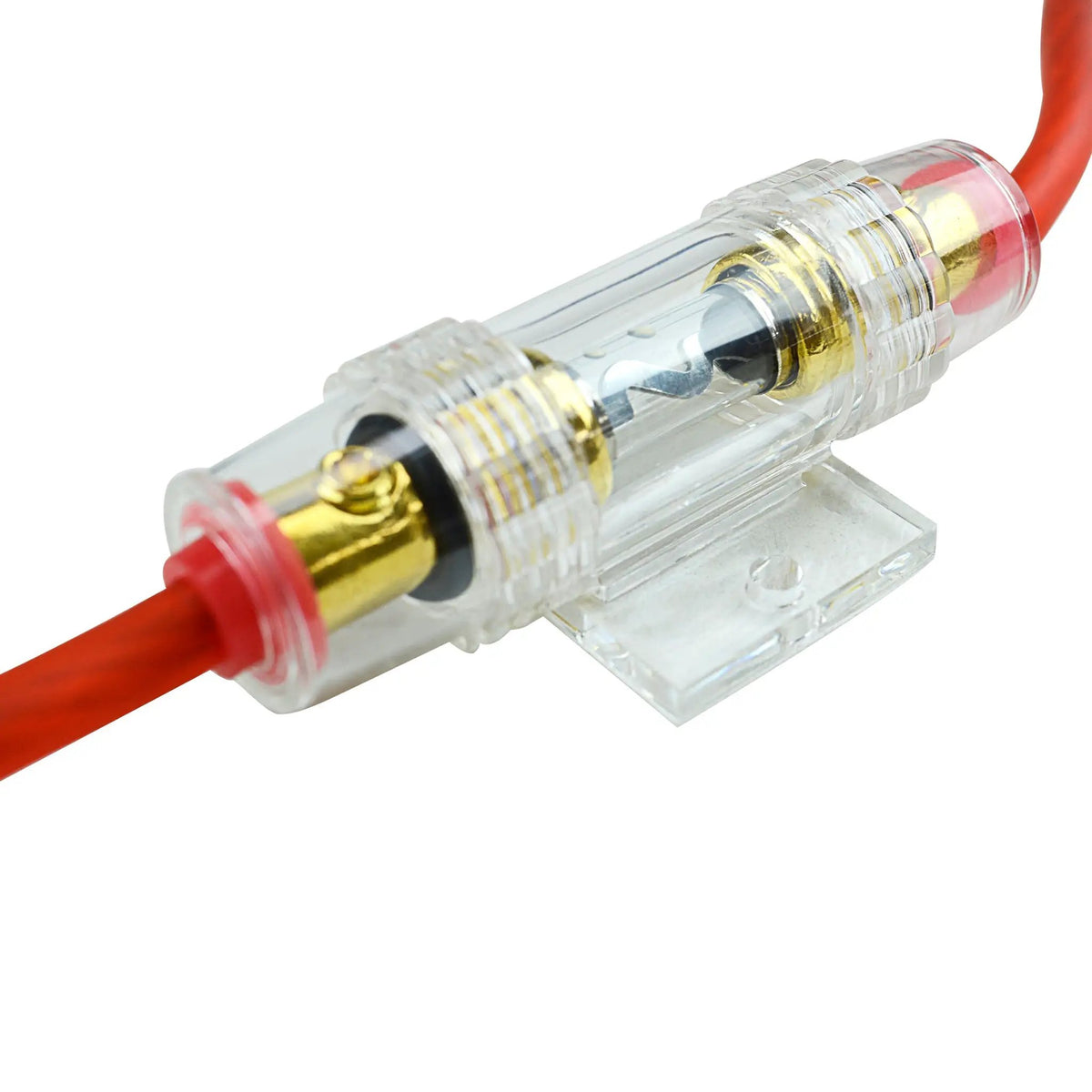 Transparent inline fuse holder attached to a red amplifier power cable