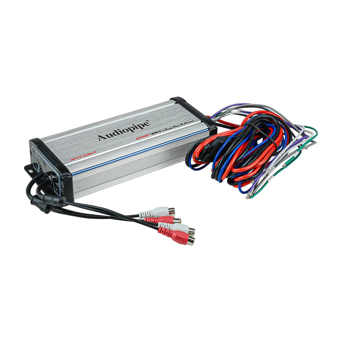 Angled silver Audiopipe amplifier with RCA leads and a bundled color-coded wiring harness