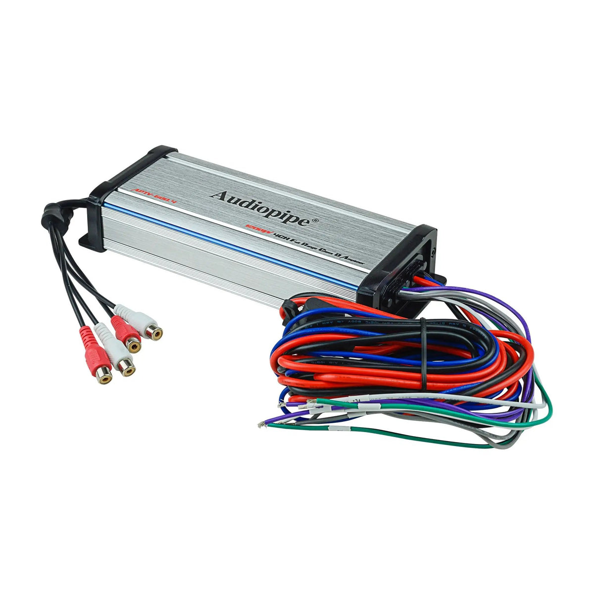 Silver Audiopipe amplifier viewed from the opposite angle, with attached cables and color-coded wires