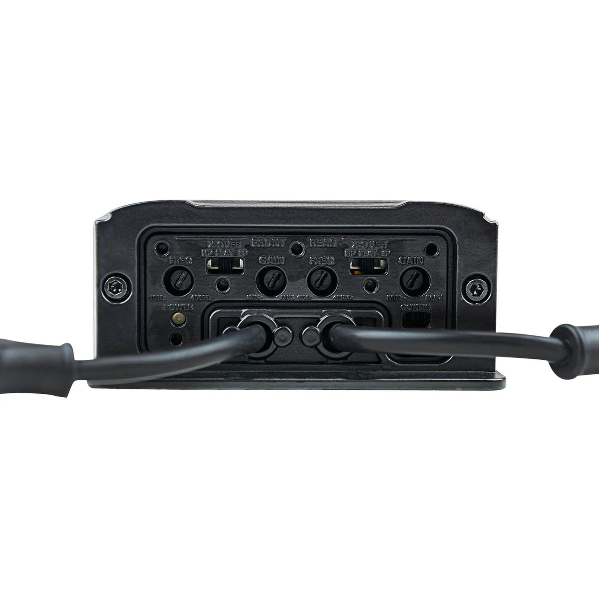 Audiopipe amplifier control end with attached cables and gain and crossover adjustments