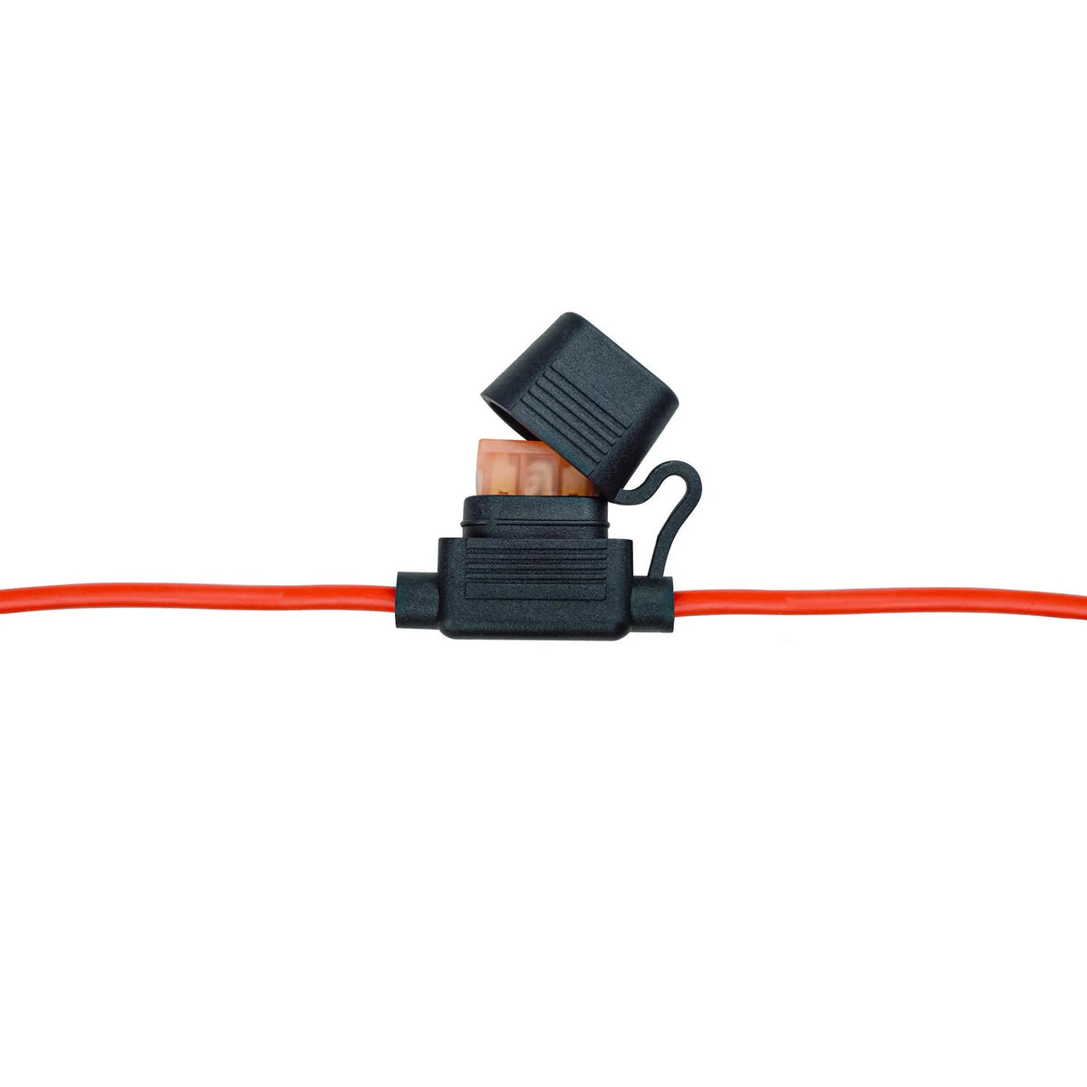 Red wire with an open black inline blade-fuse holder