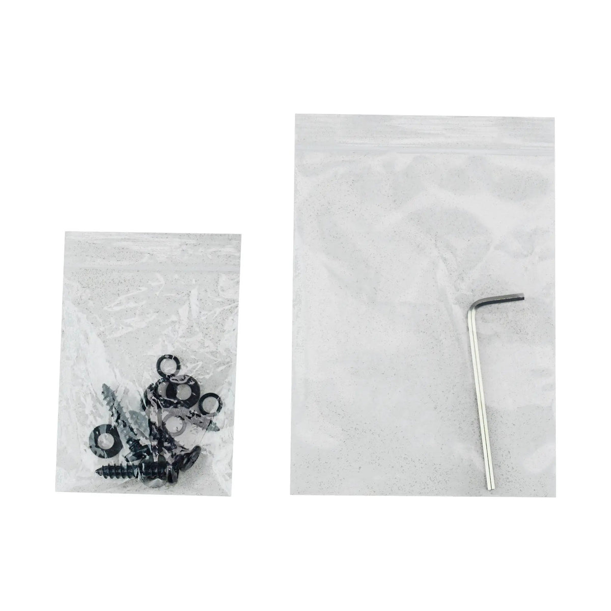 Bags of amplifier mounting screws and washers beside an Allen key