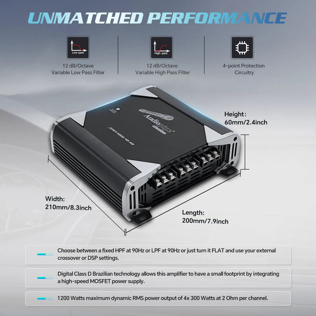 Audiopipe amplifier features: 7.9 by 8.3 by 2.4 inches, high- and low-pass filters and four-point protection