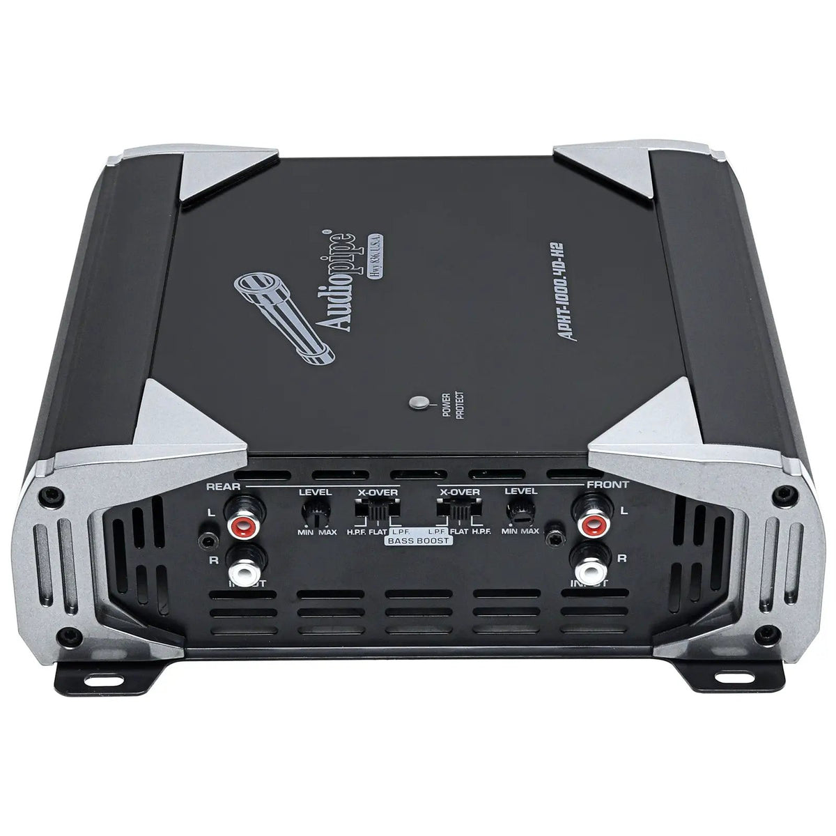 Audiopipe APHT-1000.4D-H2 amplifier front angle showing RCA inputs and crossover controls