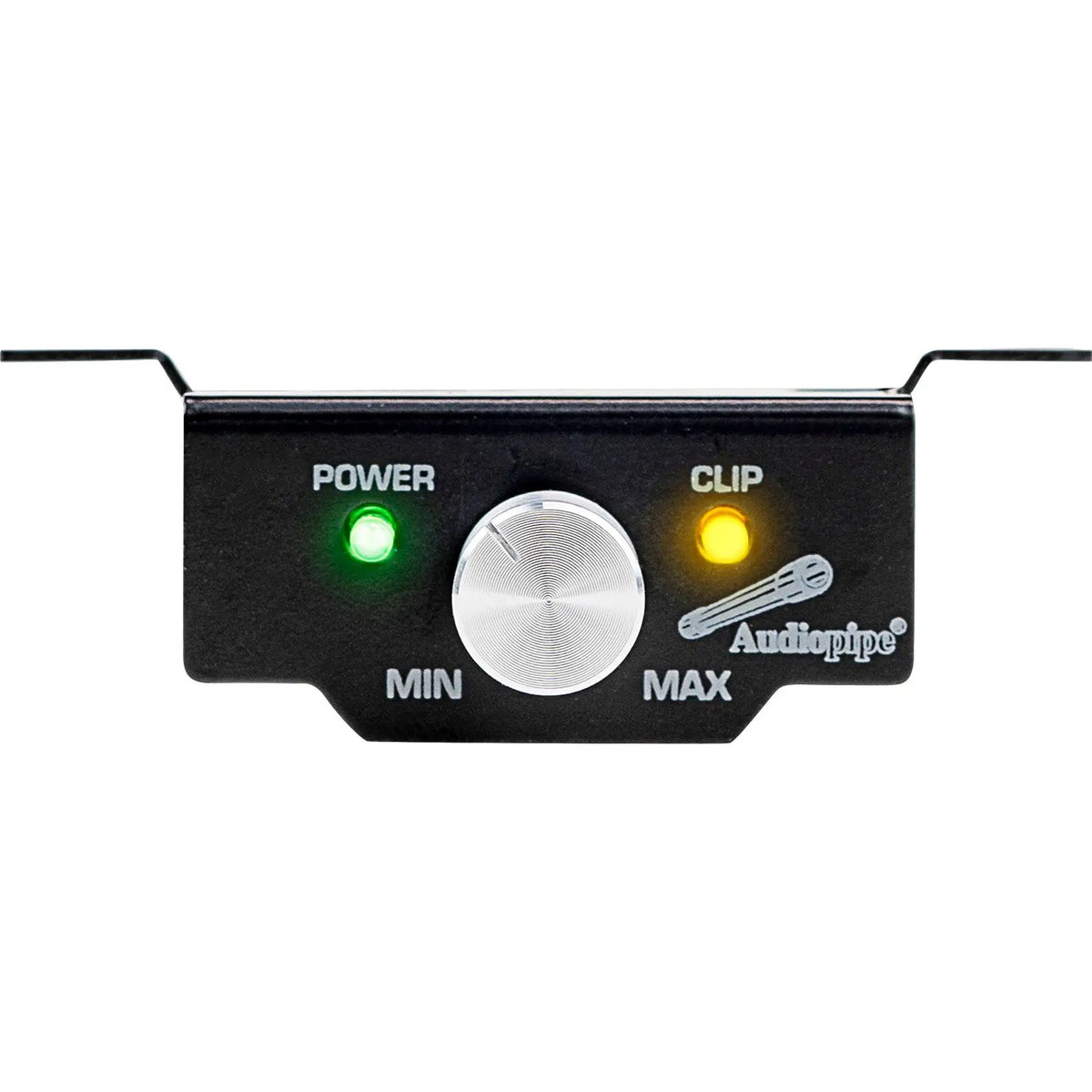 Amplifier remote with silver knob and green power and yellow clip indicators