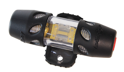Audiopipe inline fuse holder with a transparent center, black end caps and mounting base