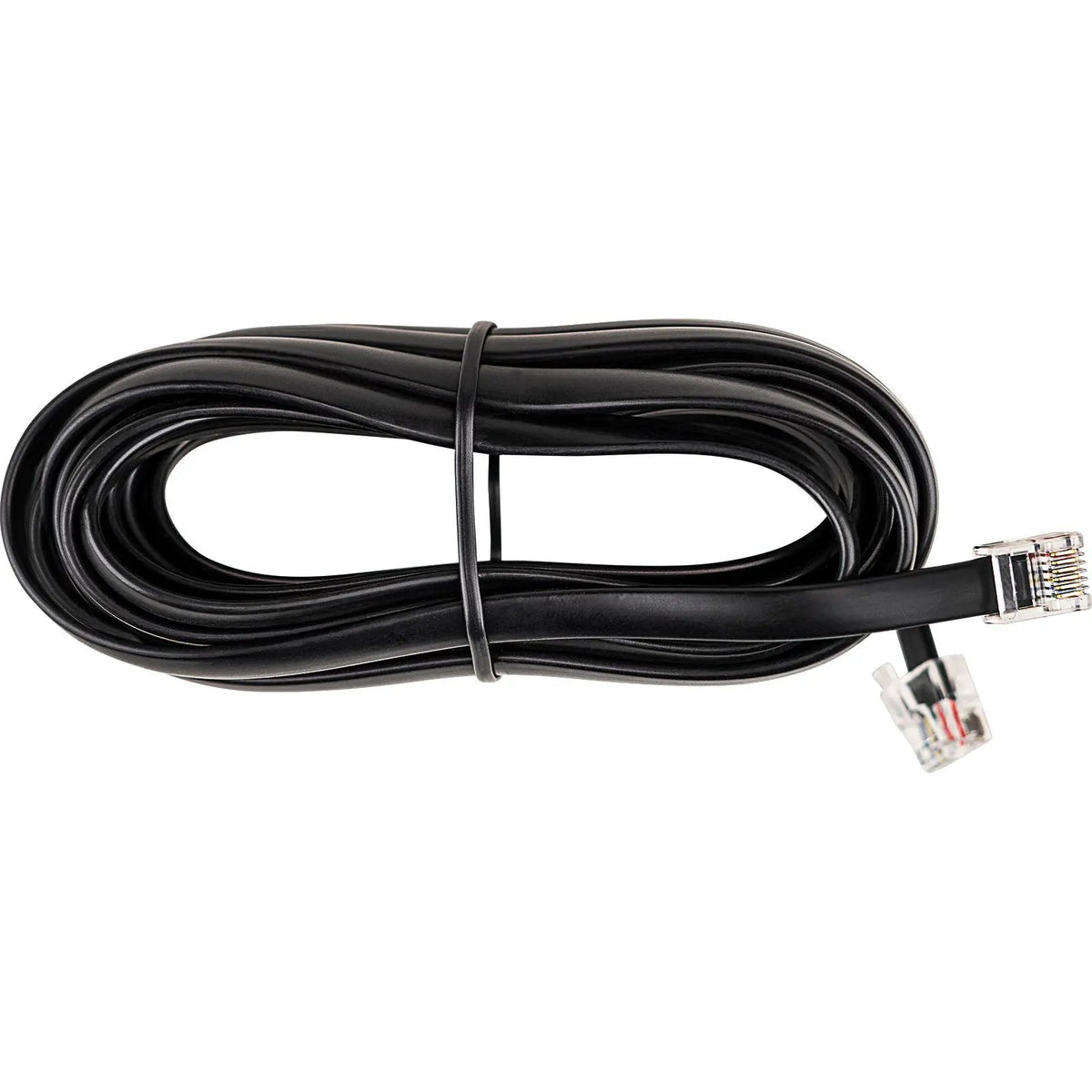 Coiled black amplifier remote-control cable with clear modular plugs