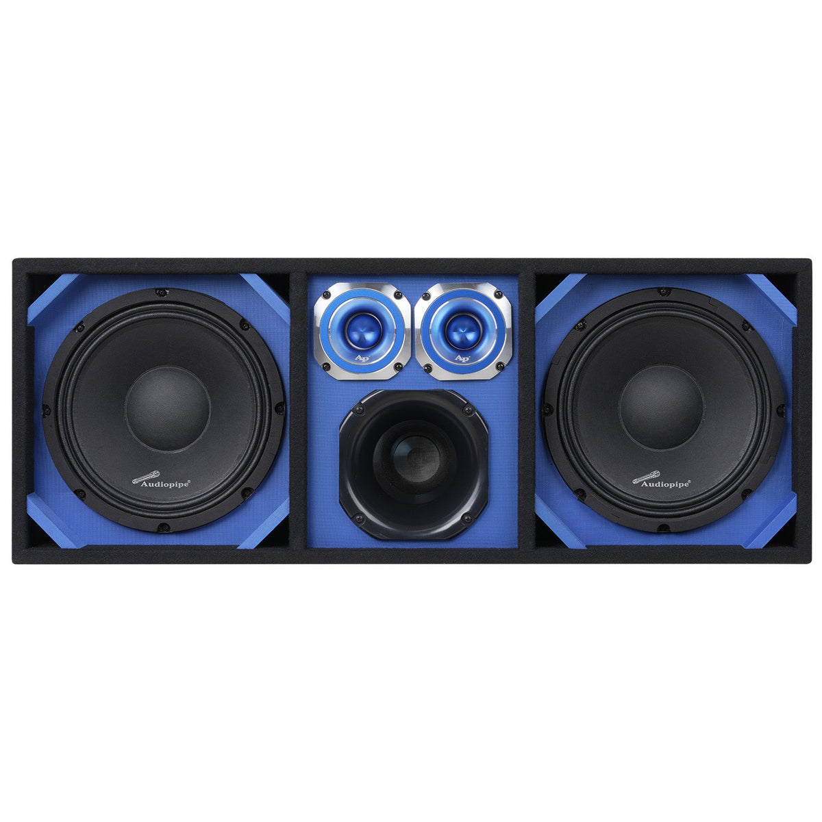 Audiopipe speaker enclosure with blue trim, two woofers, two tweeters and a center port, front view