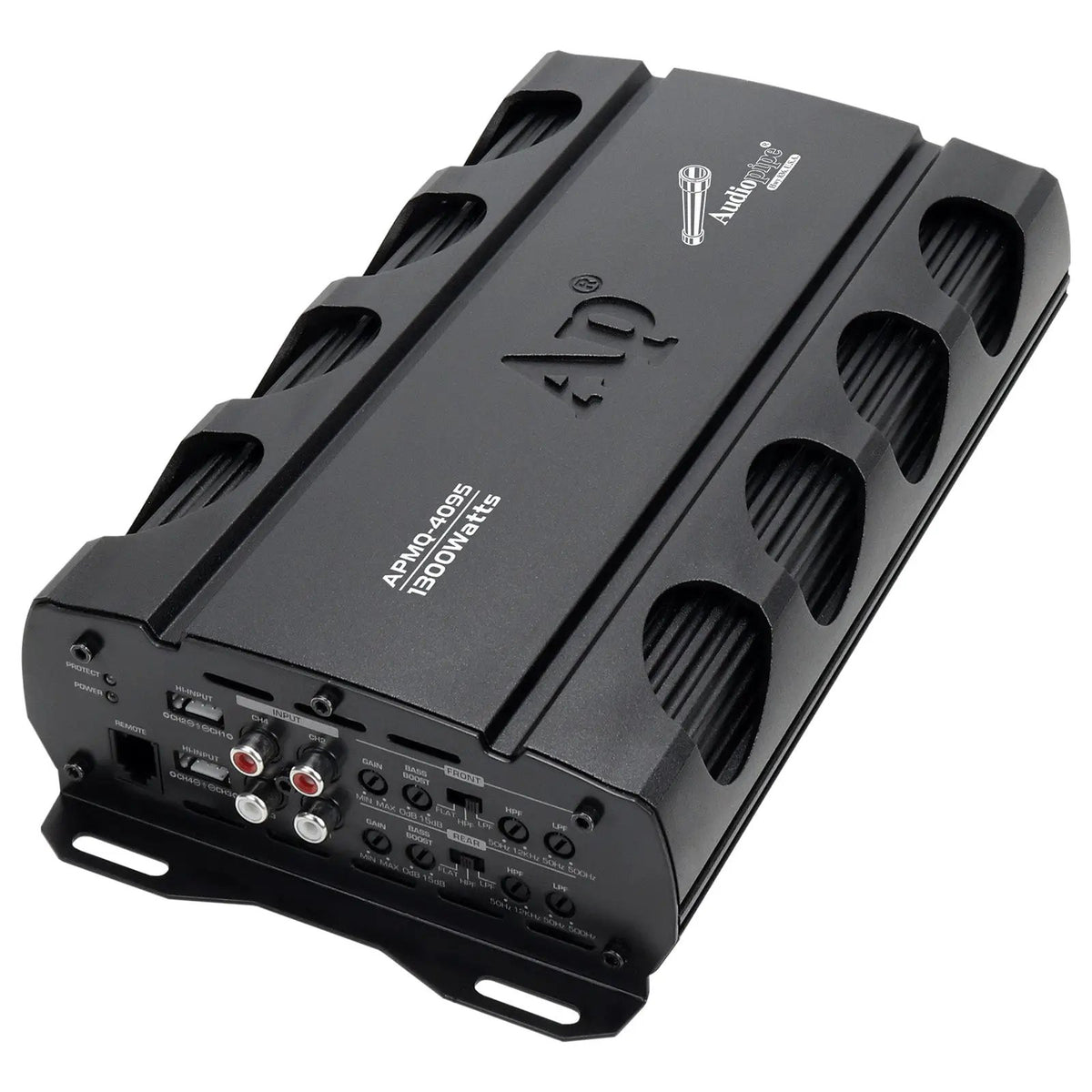 Angled Audiopipe APMQ-4095 amplifier showing RCA inputs and adjustment controls
