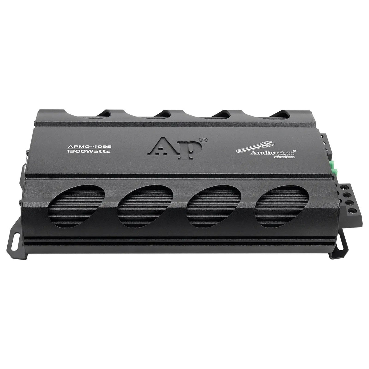 Angled top view of an Audiopipe APMQ-4095 amplifier with four oval side vents and mounting tabs