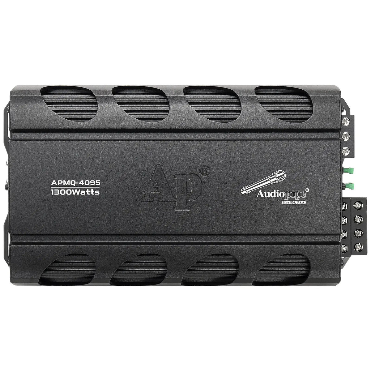 Top of an Audiopipe APMQ-4095 amplifier with vented edges and a printed 1300-watt label