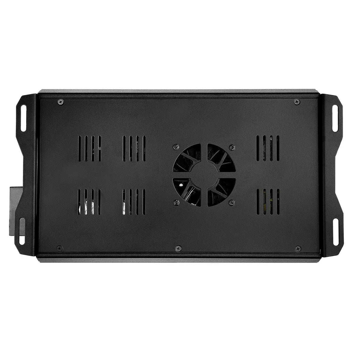 Bottom view of a black amplifier with cooling slots, a central fan and slotted mounting tabs