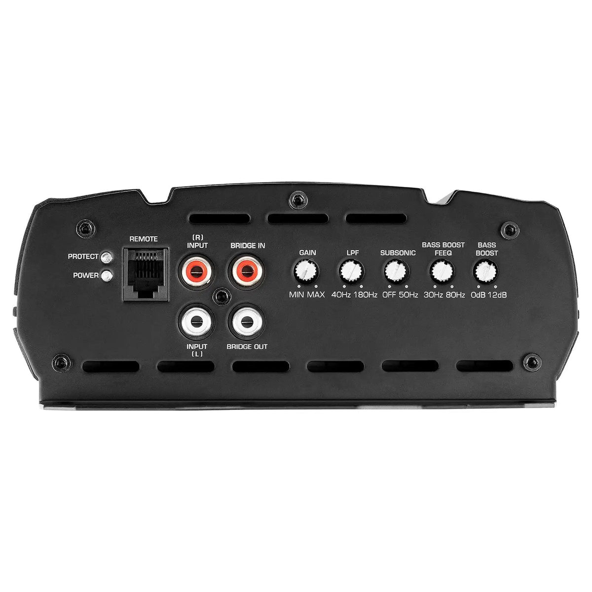 Audiopipe amplifier input and control panel with RCA sockets, remote port and adjustment knobs