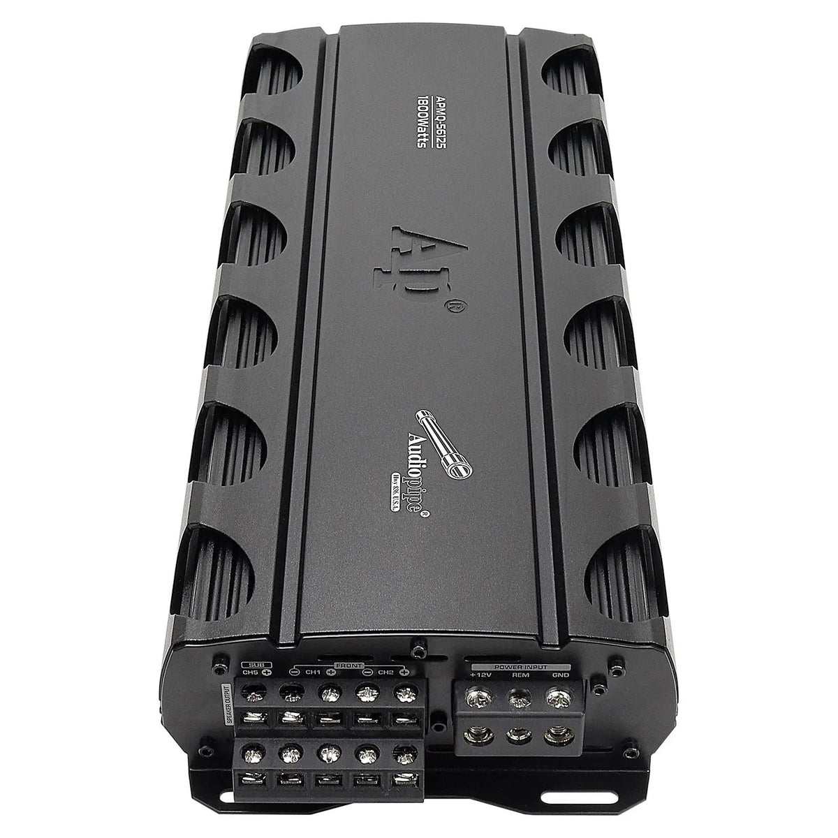 Audiopipe amplifier angled view showing its vented housing and speaker and power terminals