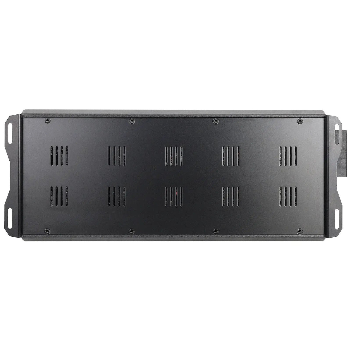 Bottom view of a long black amplifier with rows of cooling slots and slotted mounting tabs