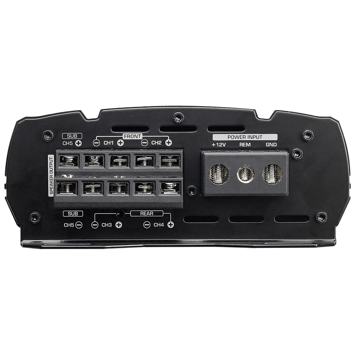 Amplifier output panel with front, rear and subwoofer speaker connections plus +12V, REM and GND terminals