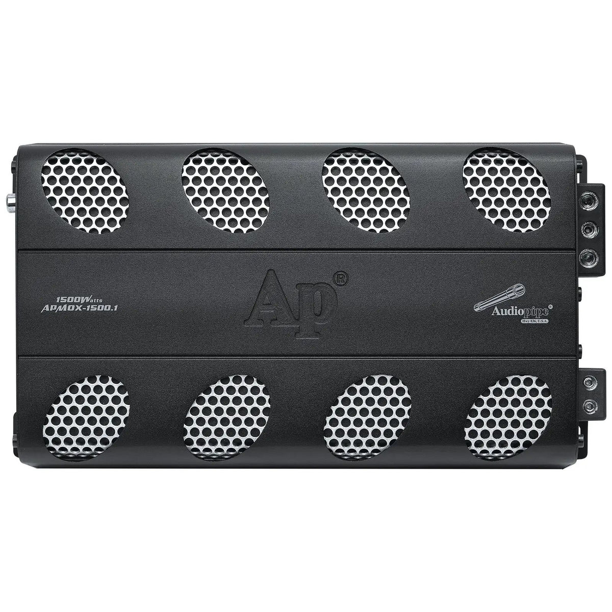 Overhead view of an Audiopipe APMOX-1500.1 amplifier with eight mesh-covered openings