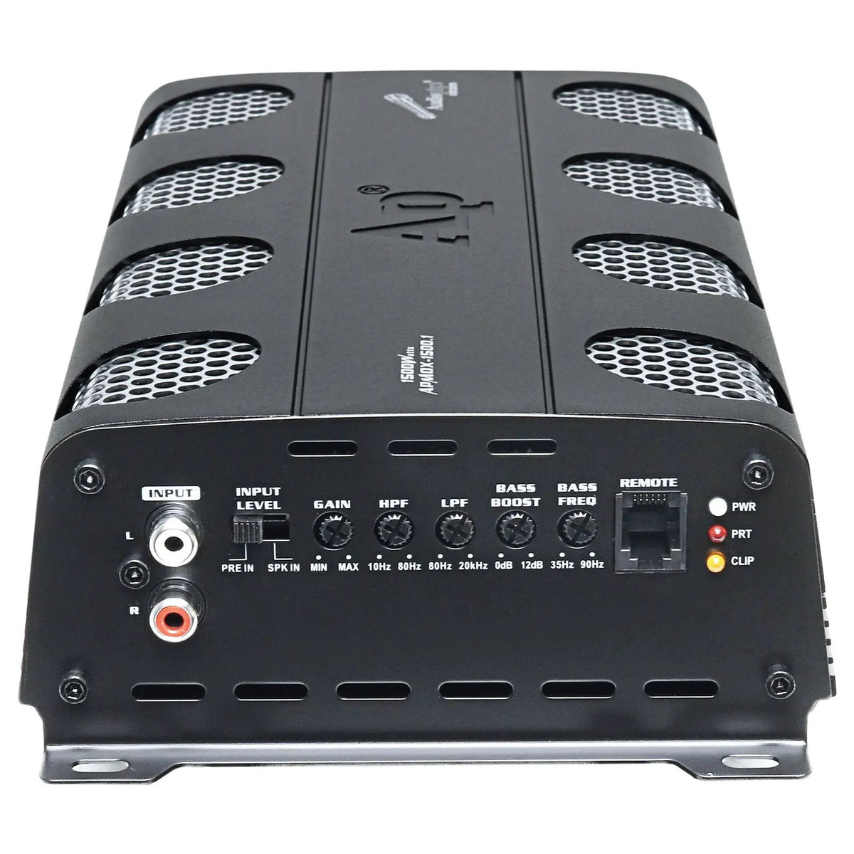 Audiopipe amplifier input panel with RCA sockets, gain and crossover controls, remote port and status lights