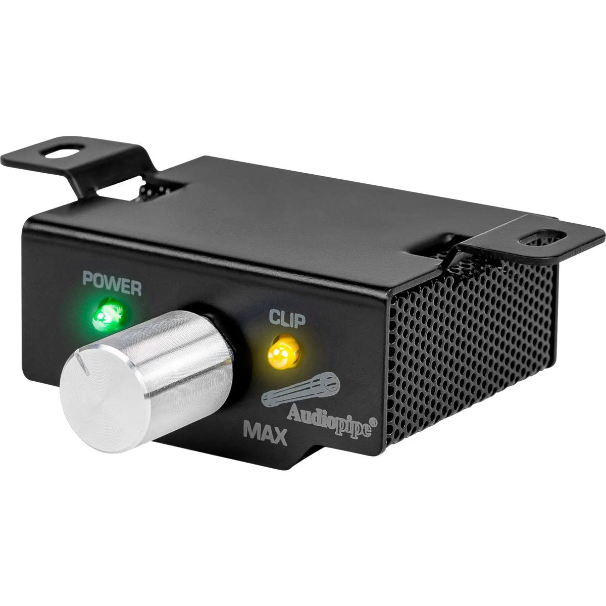 Amplifier remote with silver knob and power and clip indicators