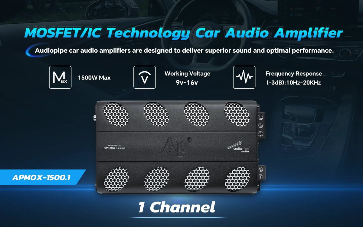 APMOX-1500.1 single-channel amplifier graphic lists 1500W maximum, 9–16V operation and 10Hz–20kHz response