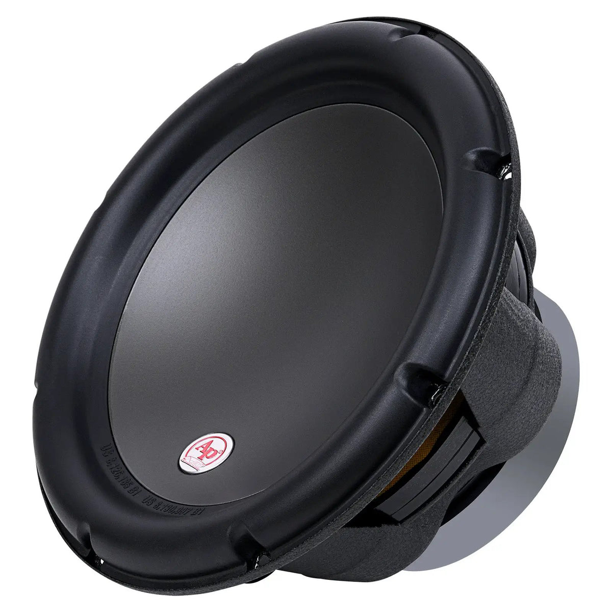 Angled Audiopipe woofer with a smooth gray cone, broad surround and exposed basket