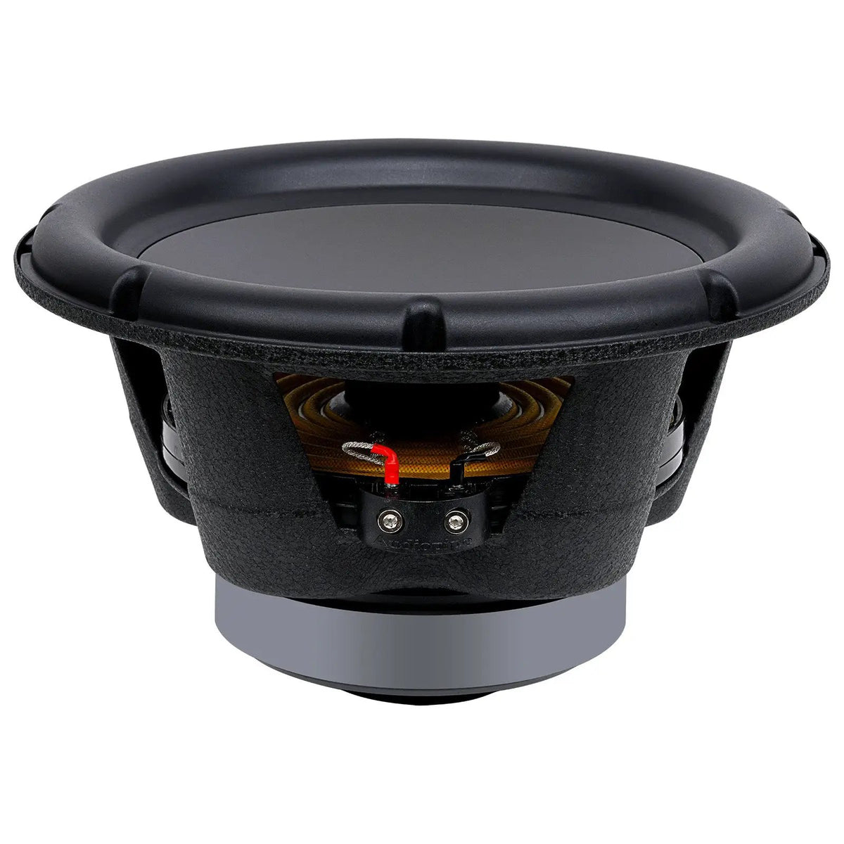 Angled view of a black woofer showing its broad surround, basket, suspension and terminal block