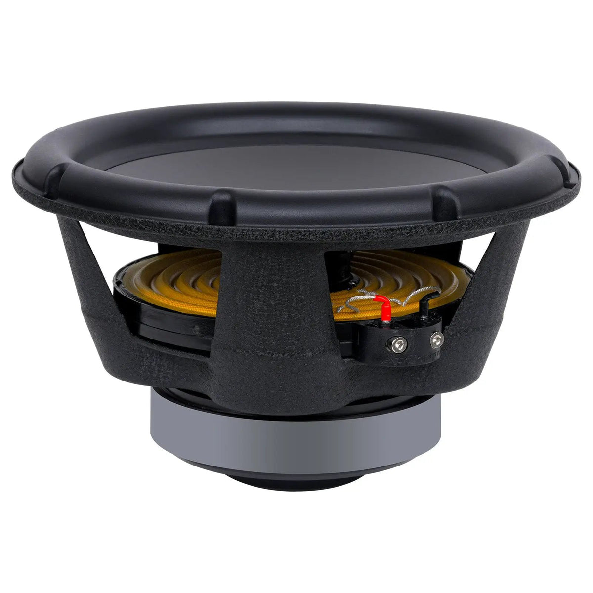 Low-angle view of an Audiopipe woofer showing its black cone, yellow suspension and terminal block