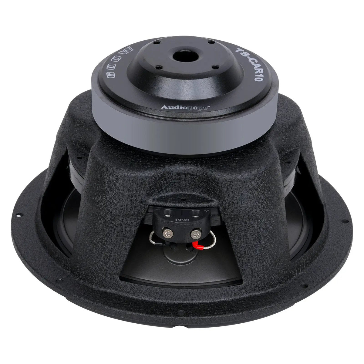 Inverted Audiopipe woofer showing its vented magnet, black basket and terminal block