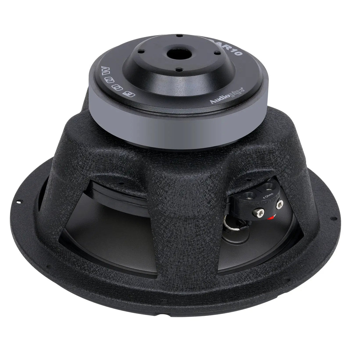 Rear angled view of an Audiopipe TS-CAR10 woofer with a vented magnet and terminal block marked 4 ohms