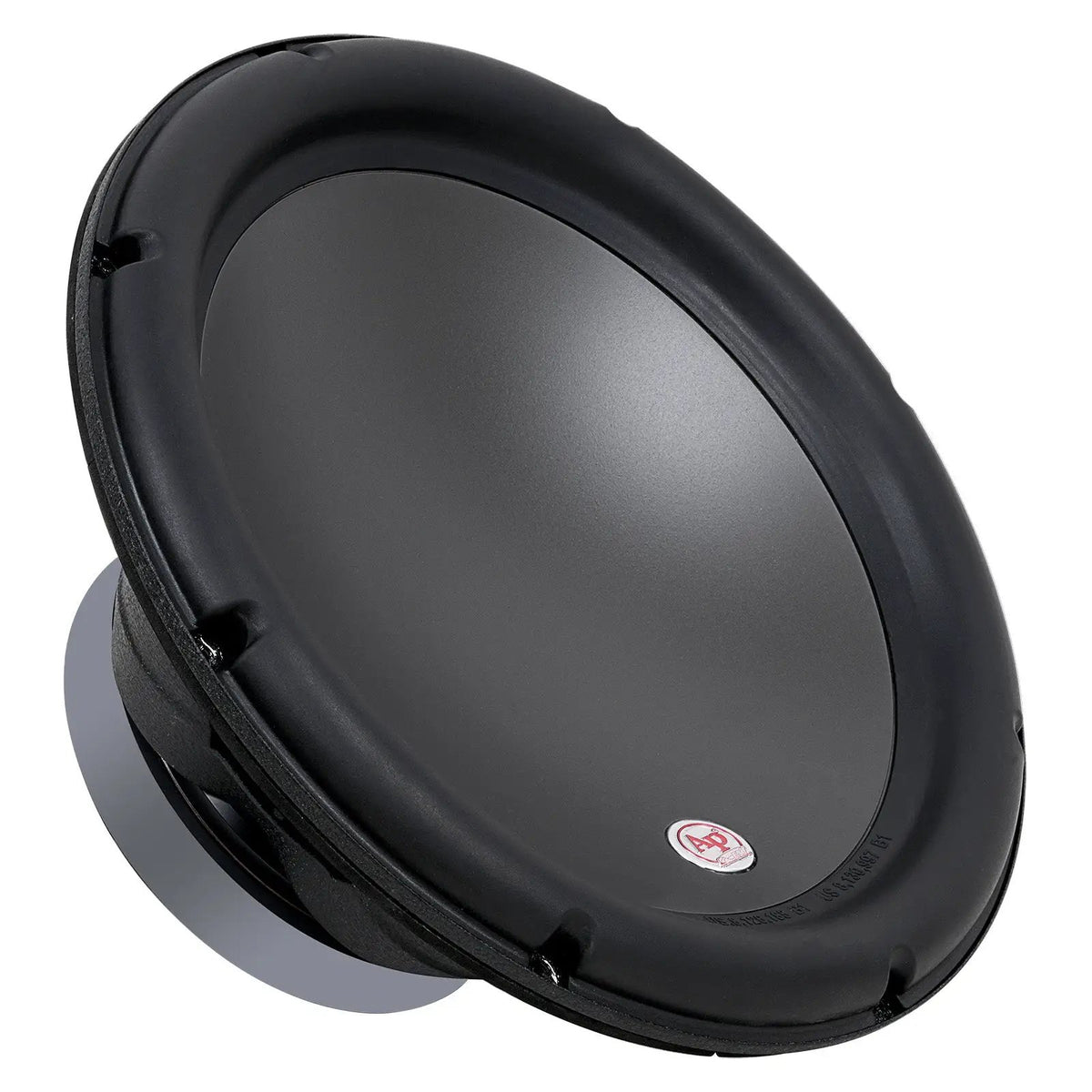 Audiopipe woofer with a smooth black cone, angled view
