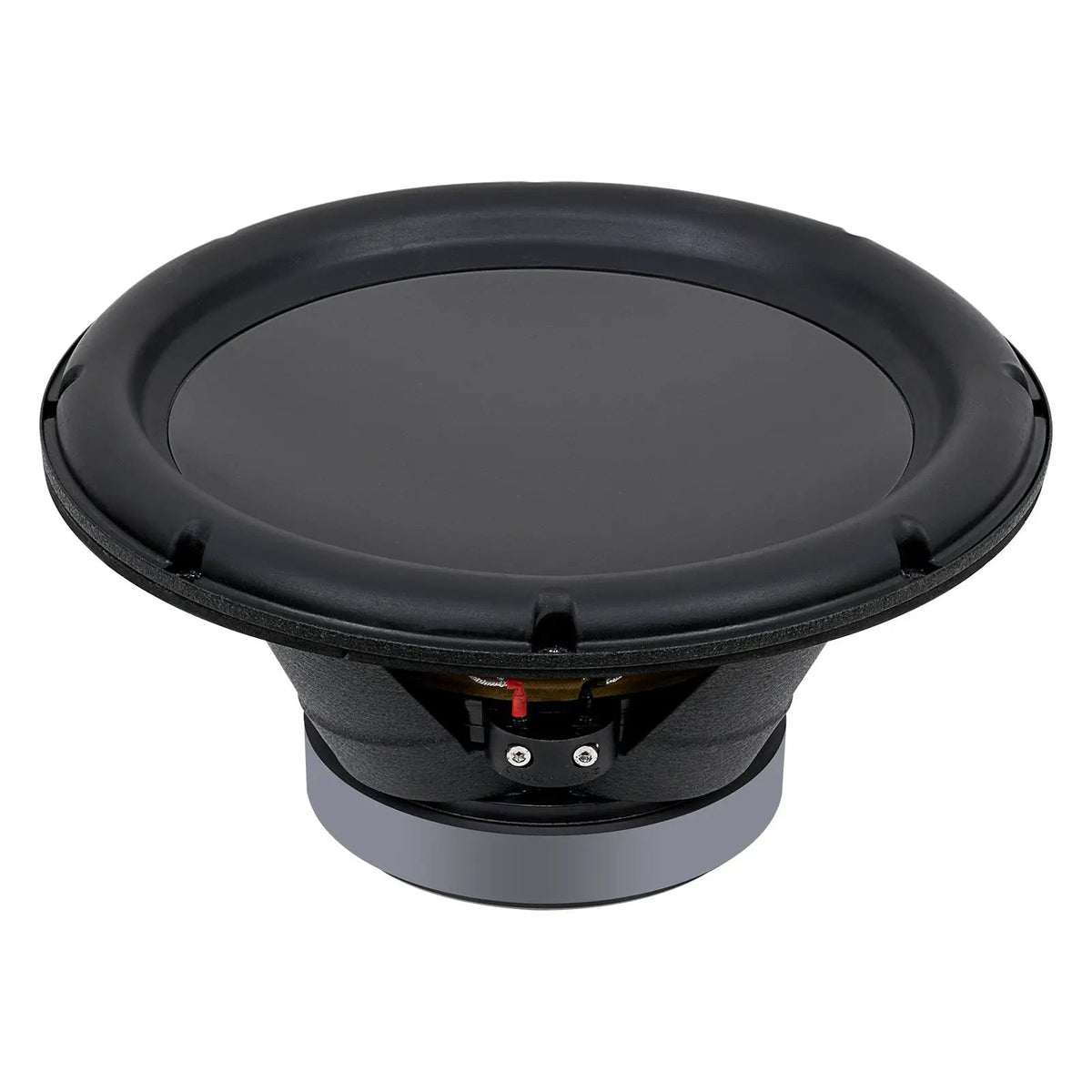 Side-angled view of an Audiopipe woofer with smooth black cone, wide surround and terminal block