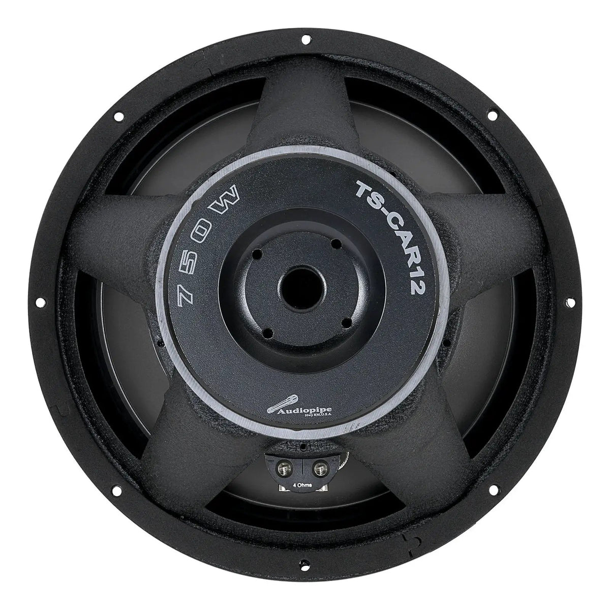 Rear view of an Audiopipe woofer marked TS-CAR12 and 750W, with vent and terminal block