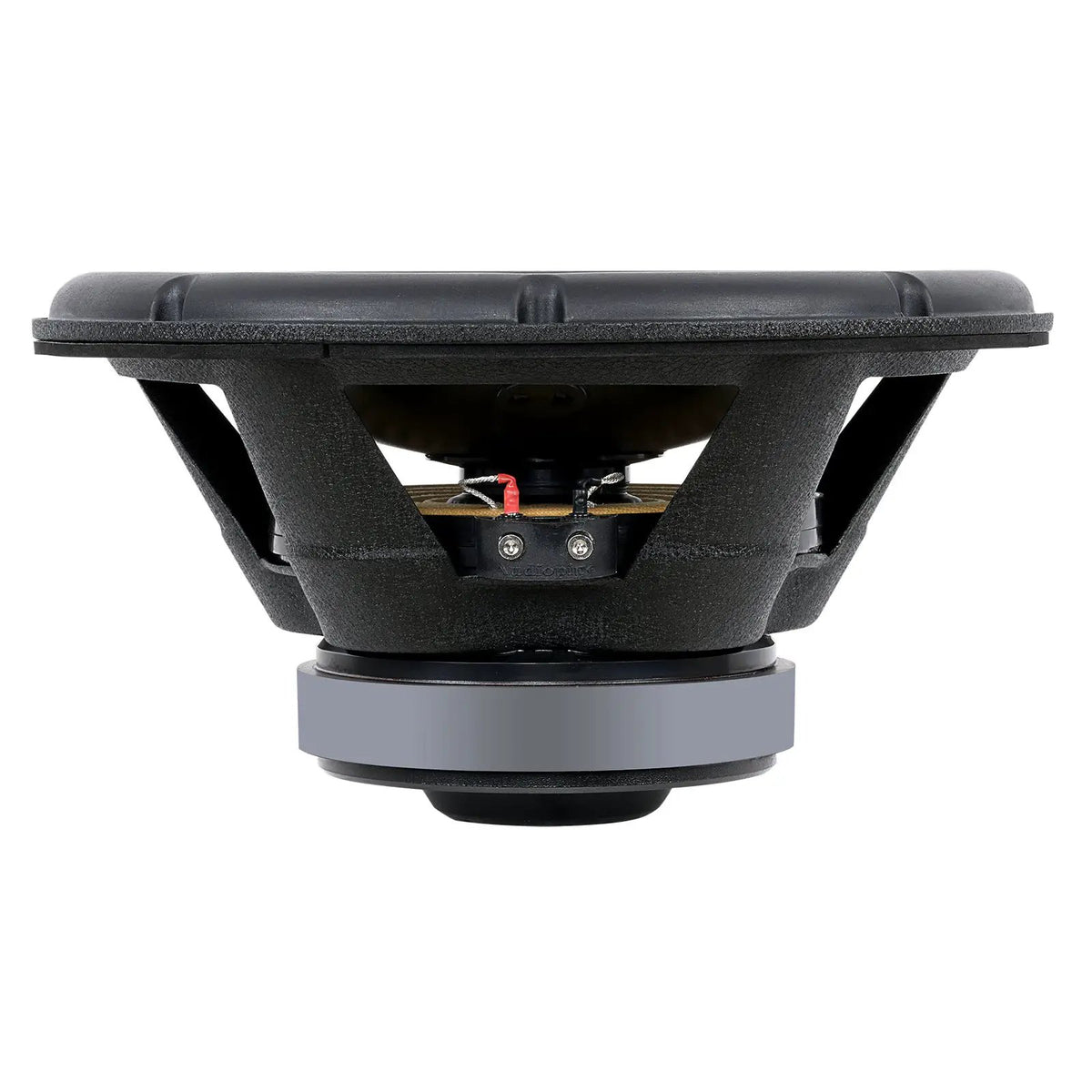 Side profile of an Audiopipe woofer showing open basket, terminal block and magnet