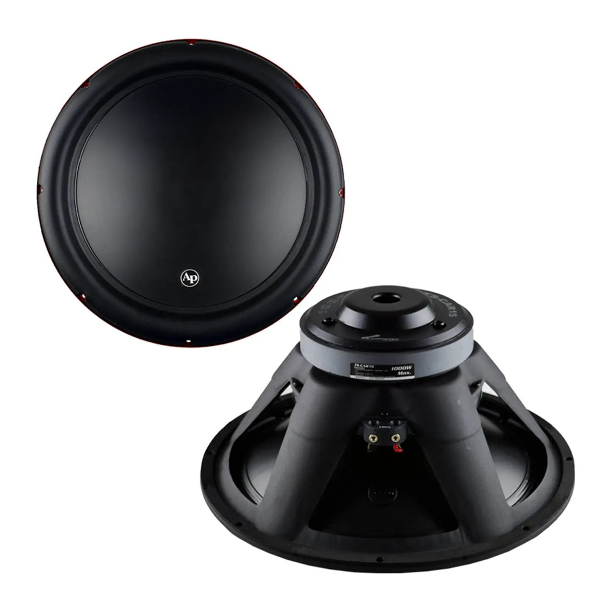 Composite front and rear views of an Audiopipe woofer with smooth cone and vented magnet