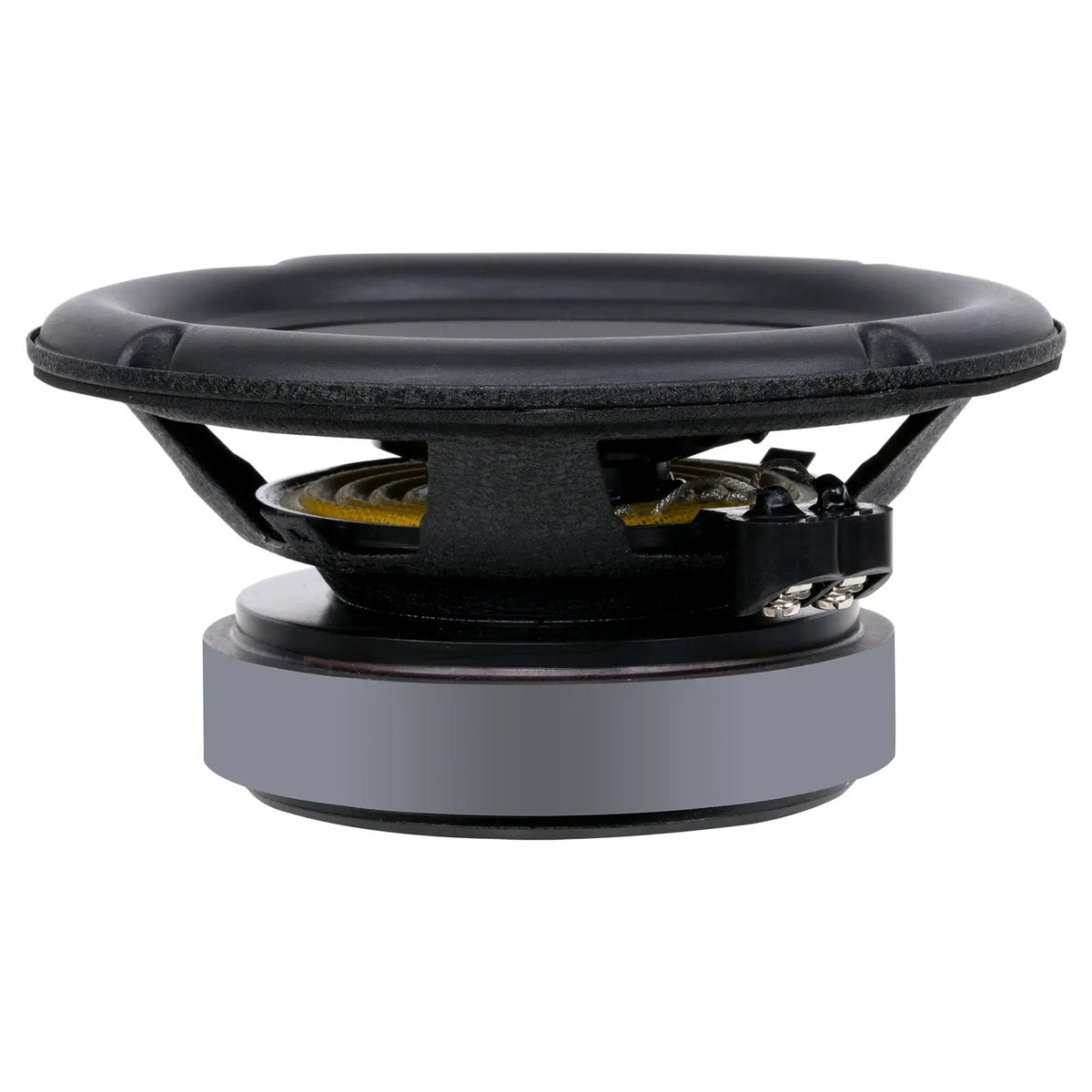 Audiopipe woofer side view showing its basket, suspension and magnet