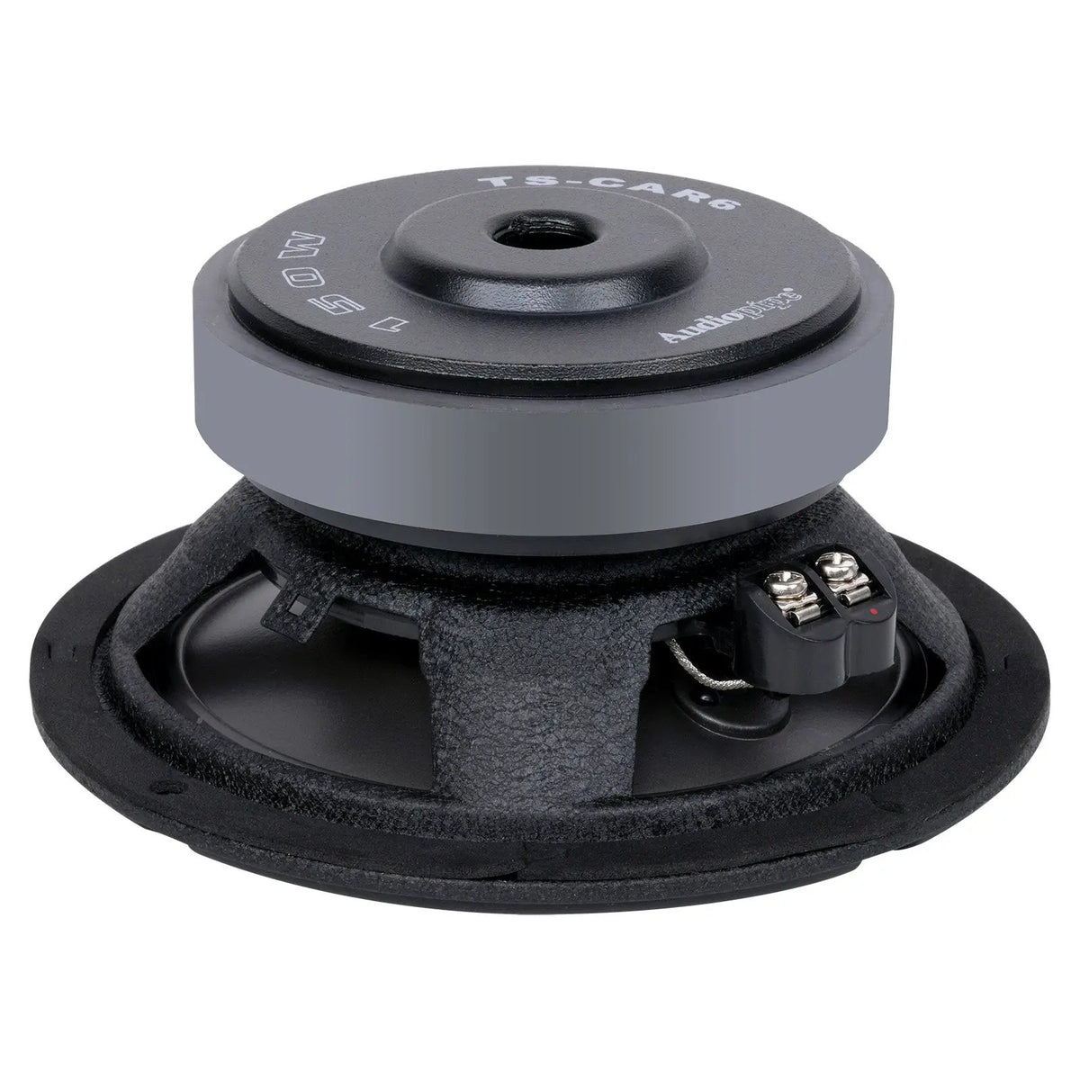 Rear angled view of a black woofer showing its vented gray magnet, basket and terminal block
