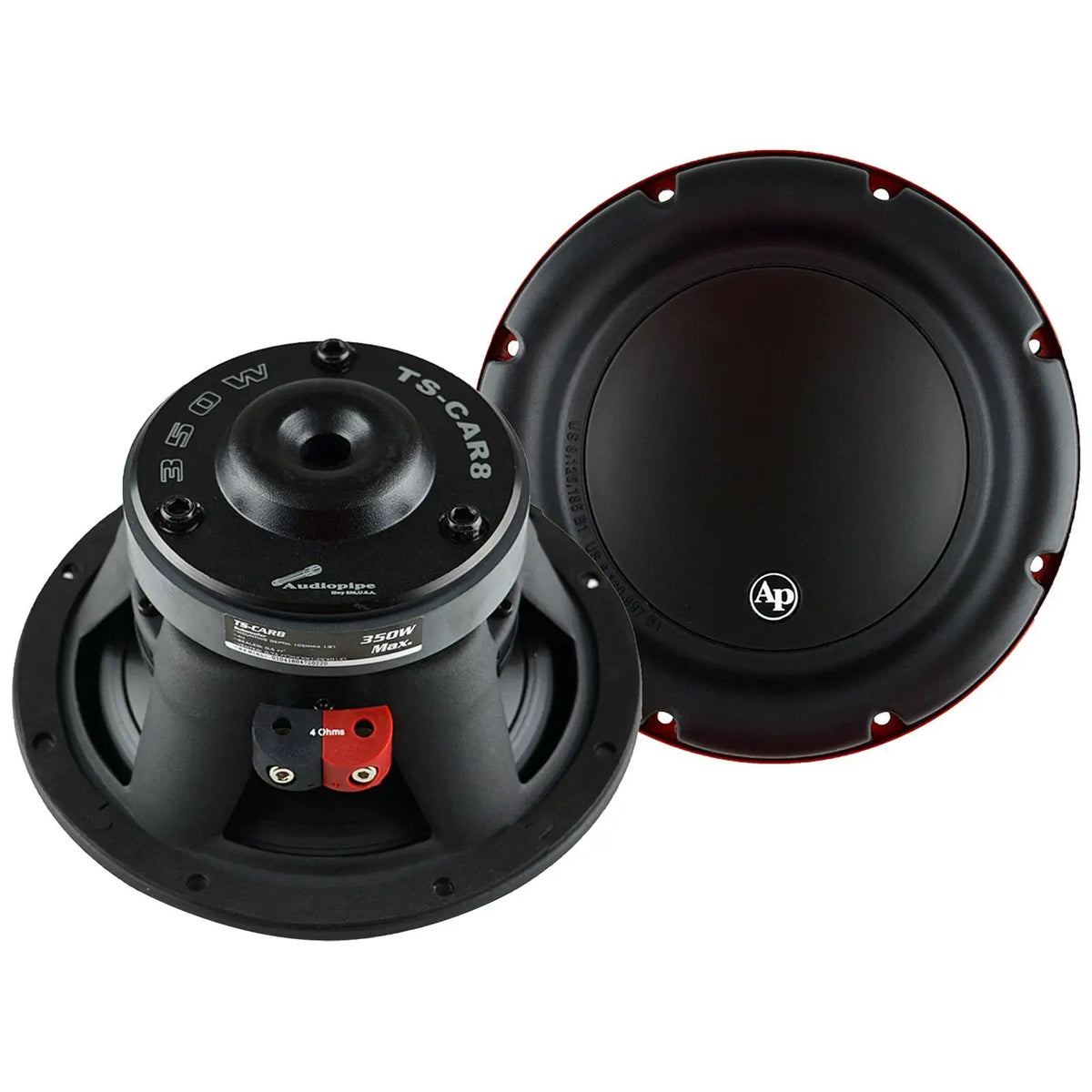 Front and rear views of an Audiopipe TS-CAR8 woofer, with 350W and 4-ohm rear markings