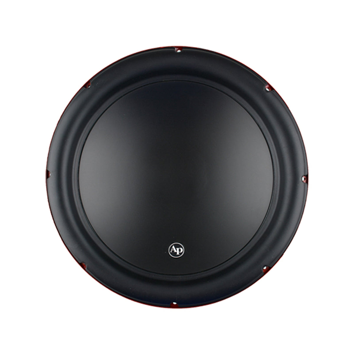 Audiopipe woofer front view showing a smooth black cone and broad surround