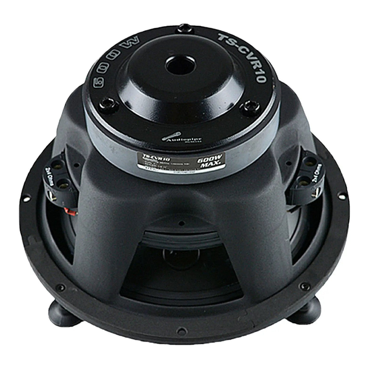 Rear angled view of an Audiopipe TS-CVR10 woofer with 600W MAX marking and two terminal blocks