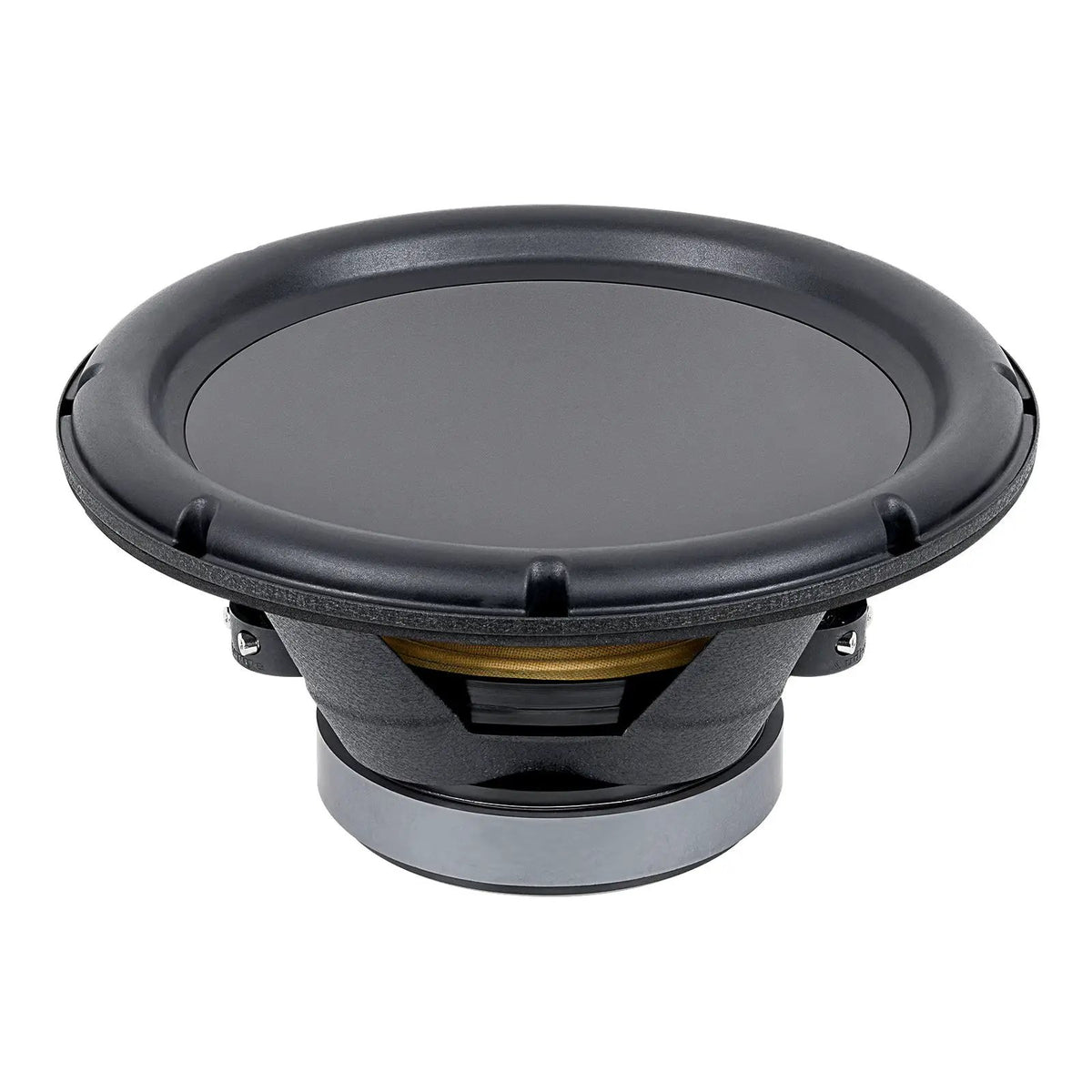Audiopipe woofer angled side view showing its cone, basket, suspension and magnet