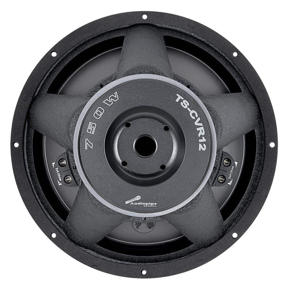 Rear view of an Audiopipe TS-CVR12 woofer with 750W marking and terminal blocks labelled 2x4 ohms